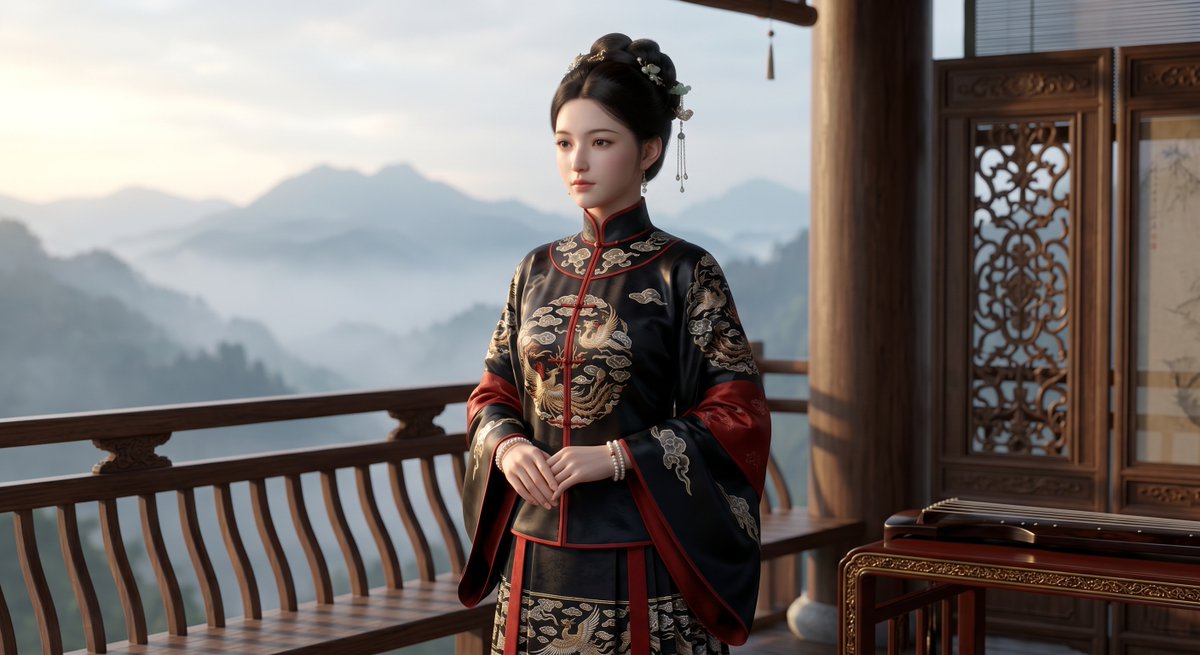 Cinematic Wuxia Heroine on Mountain Balcony