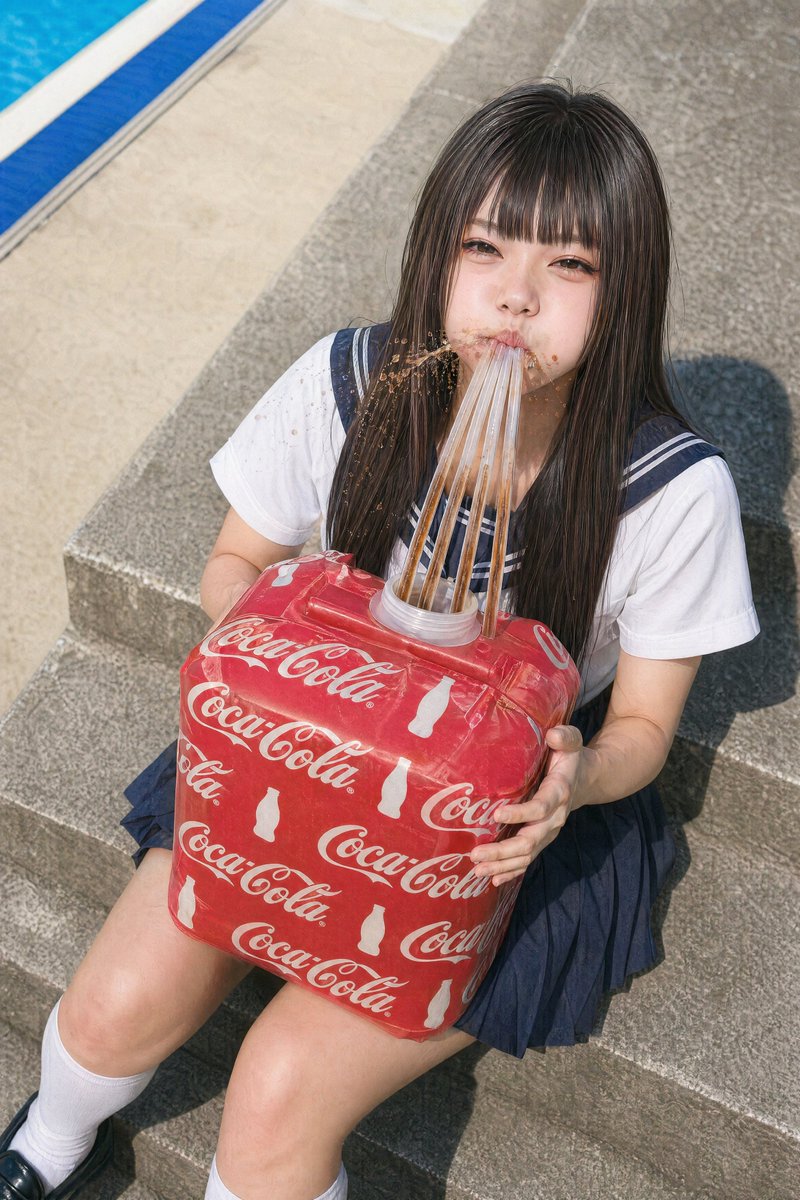 Schoolgirl With Giant Soda Cube