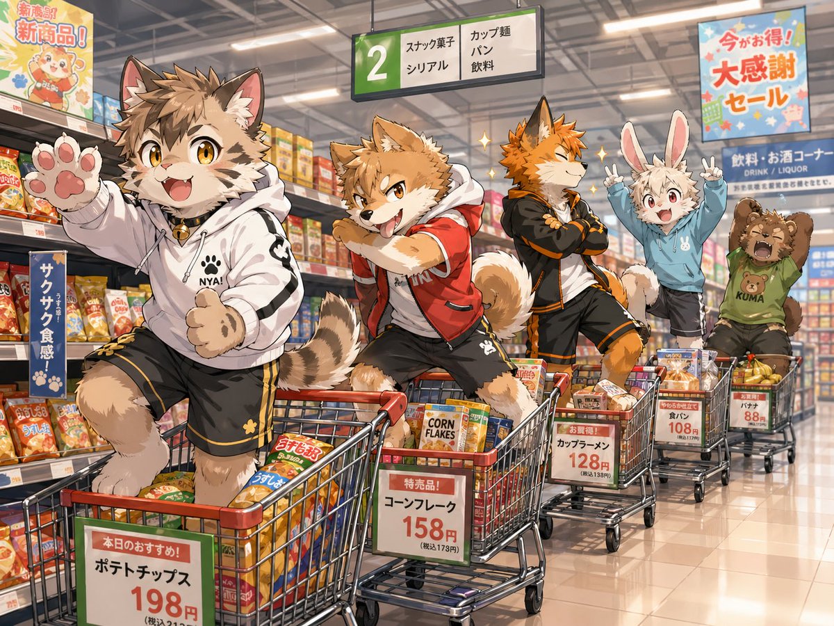 Anime Mascots in Supermarket Carts