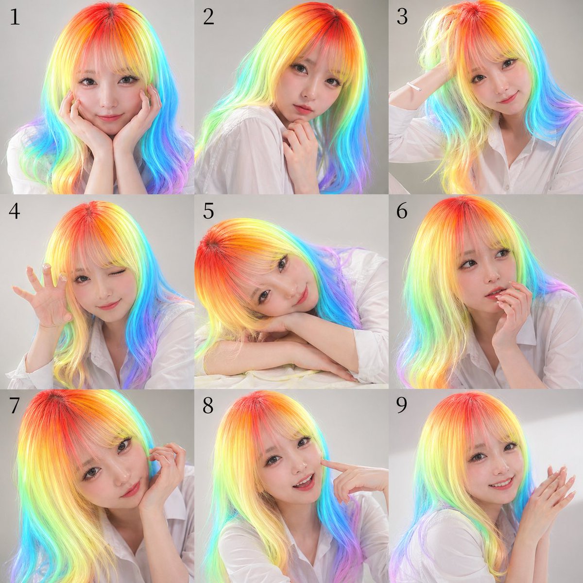 Nine-Panel Rainbow Hair Portrait Sheet