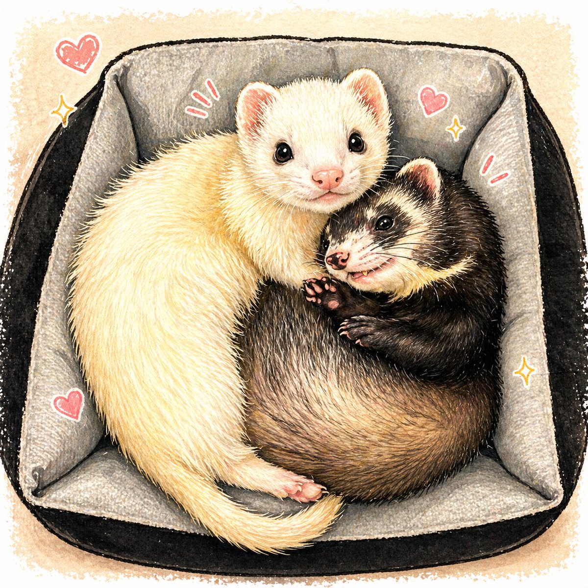 Cute Ferrets Cuddling in Pet Bed