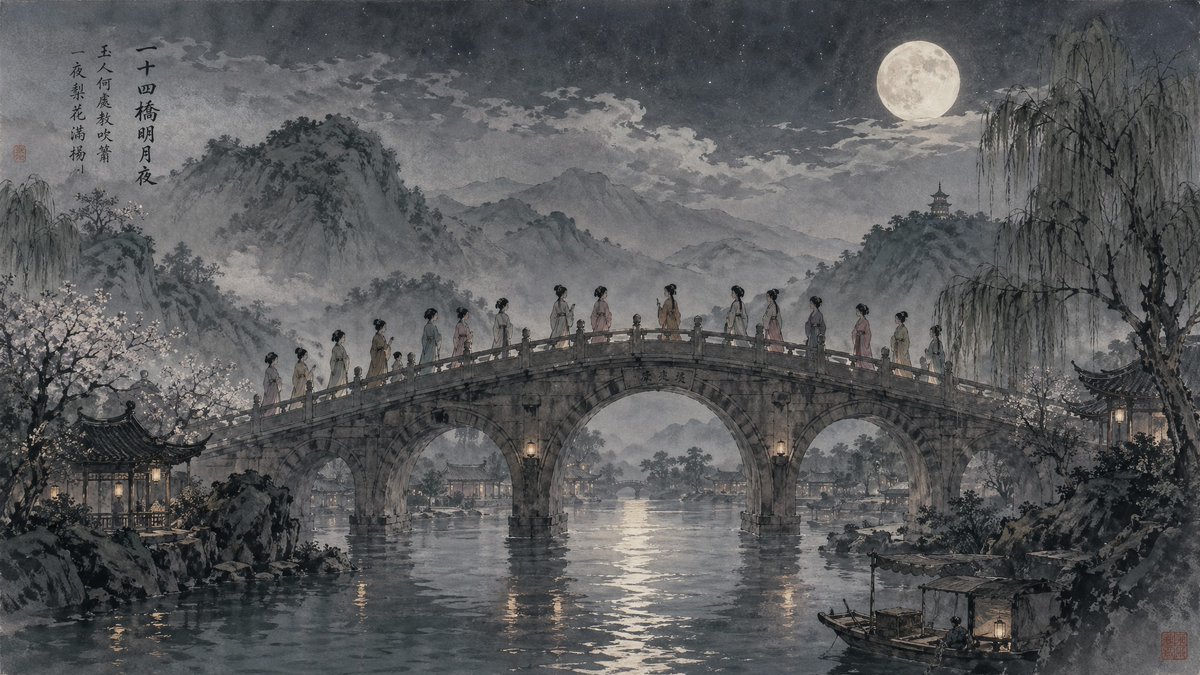 Moonlit Twenty-Four Bridges Painting