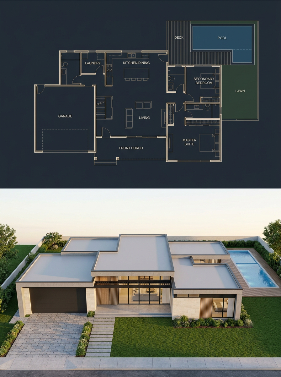 Split Blueprint and Modern House Render