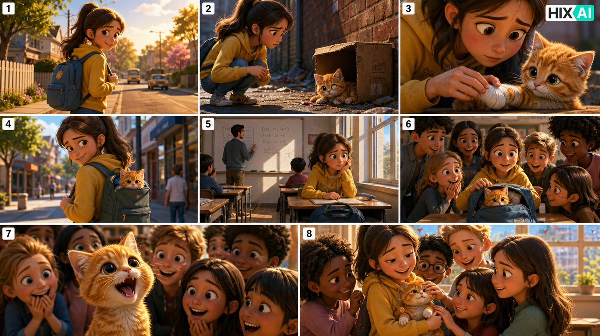 Eight-Panel Kitten Rescue Storyboard