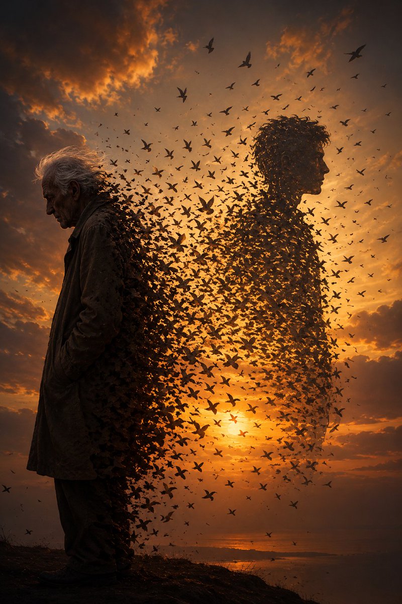 Elderly Man Dissolving Into Birds