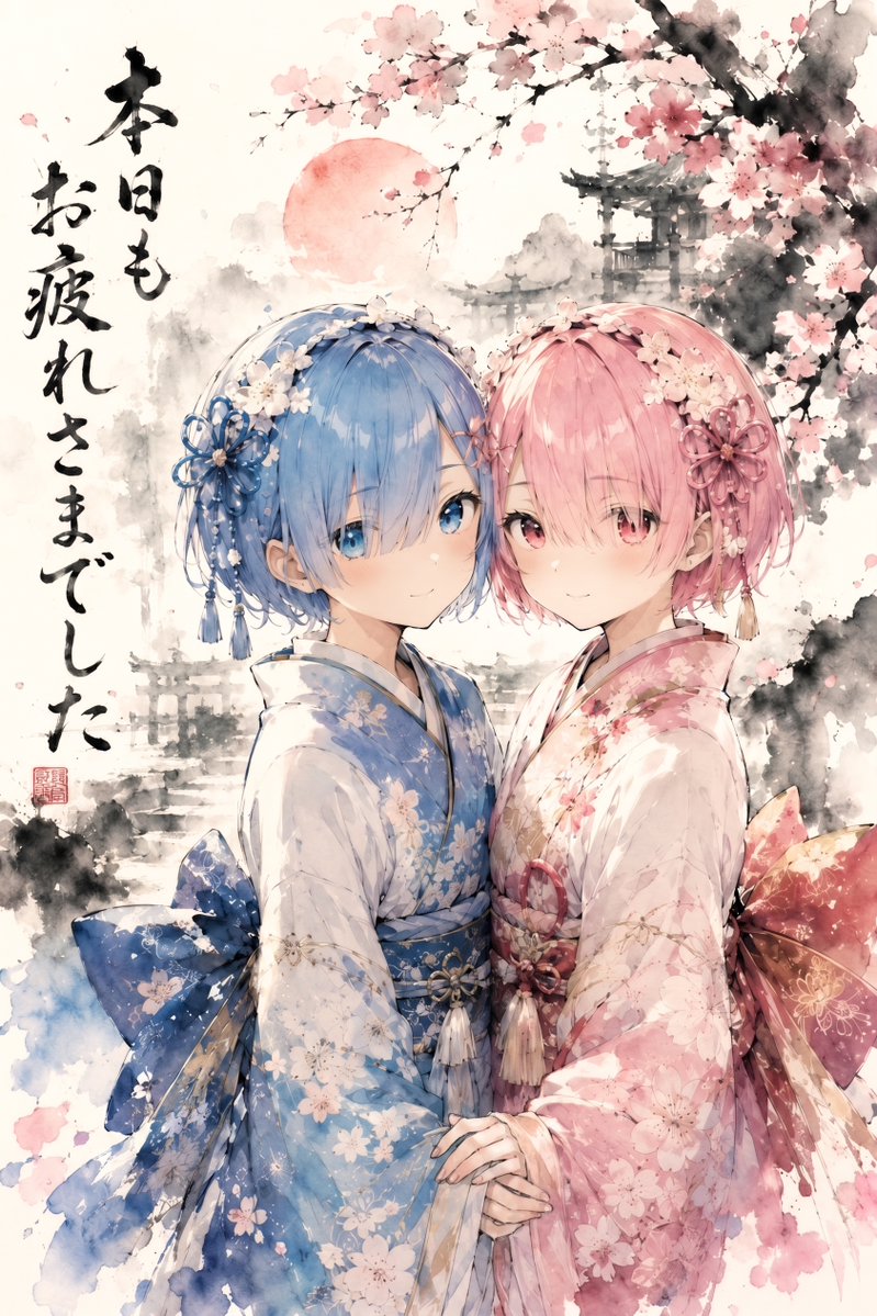 Twin Kimono Sakura Watercolor