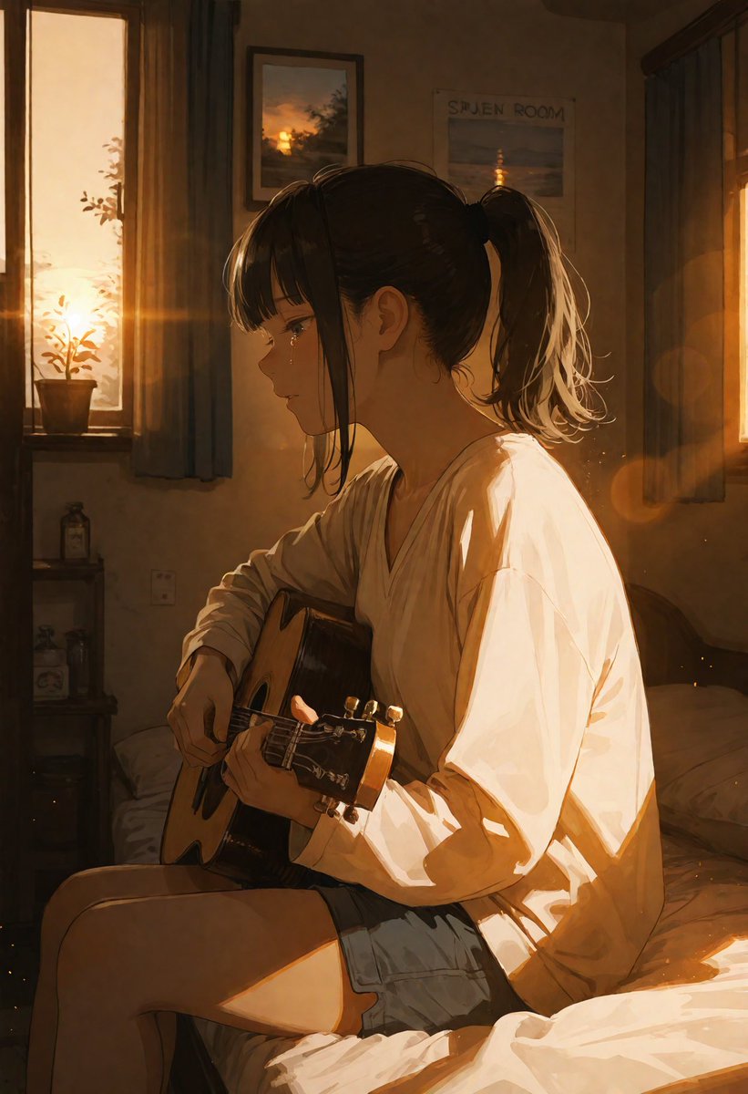 Golden Hour Guitar Bedroom Scene