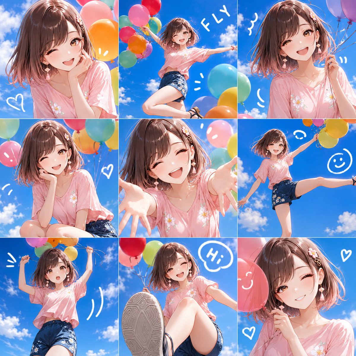 Nine-Panel Summer Balloon Anime Collage