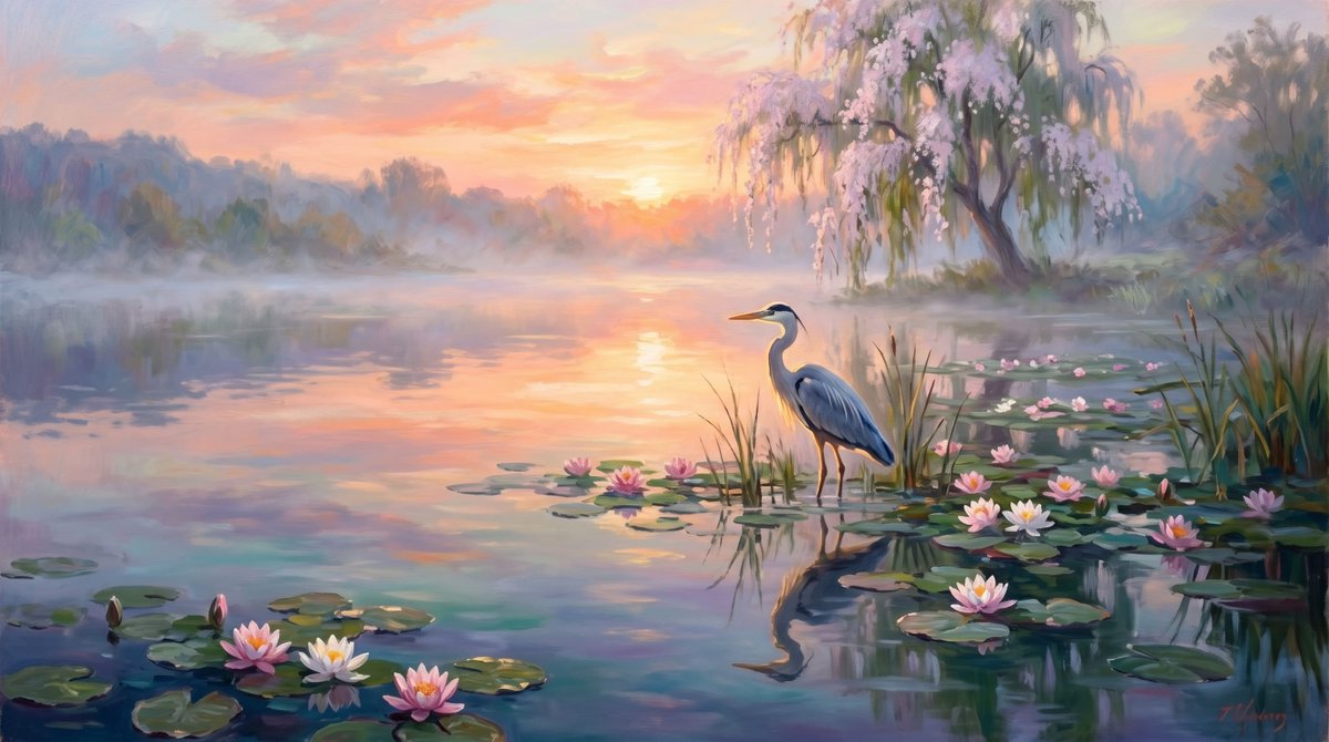 Misty Heron Sunrise Lake