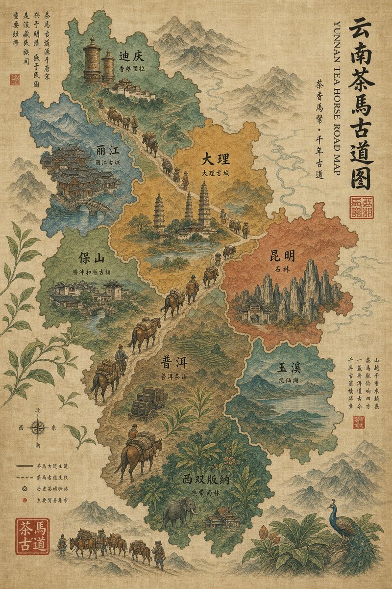 Vintage Yunnan Tea Horse Road Map