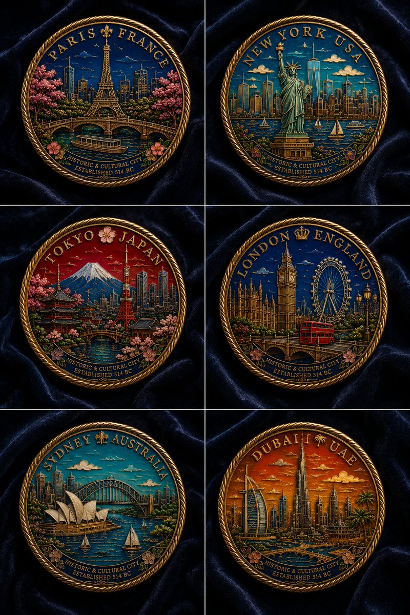 Six Cloisonné City Medals