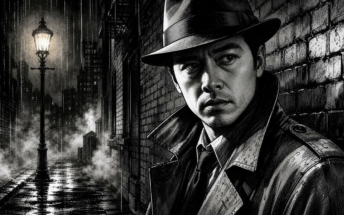 Noir Detective Rainy Alley Portrait
