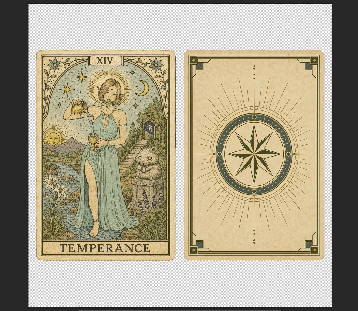 Vintage Temperance Tarot Card Pair