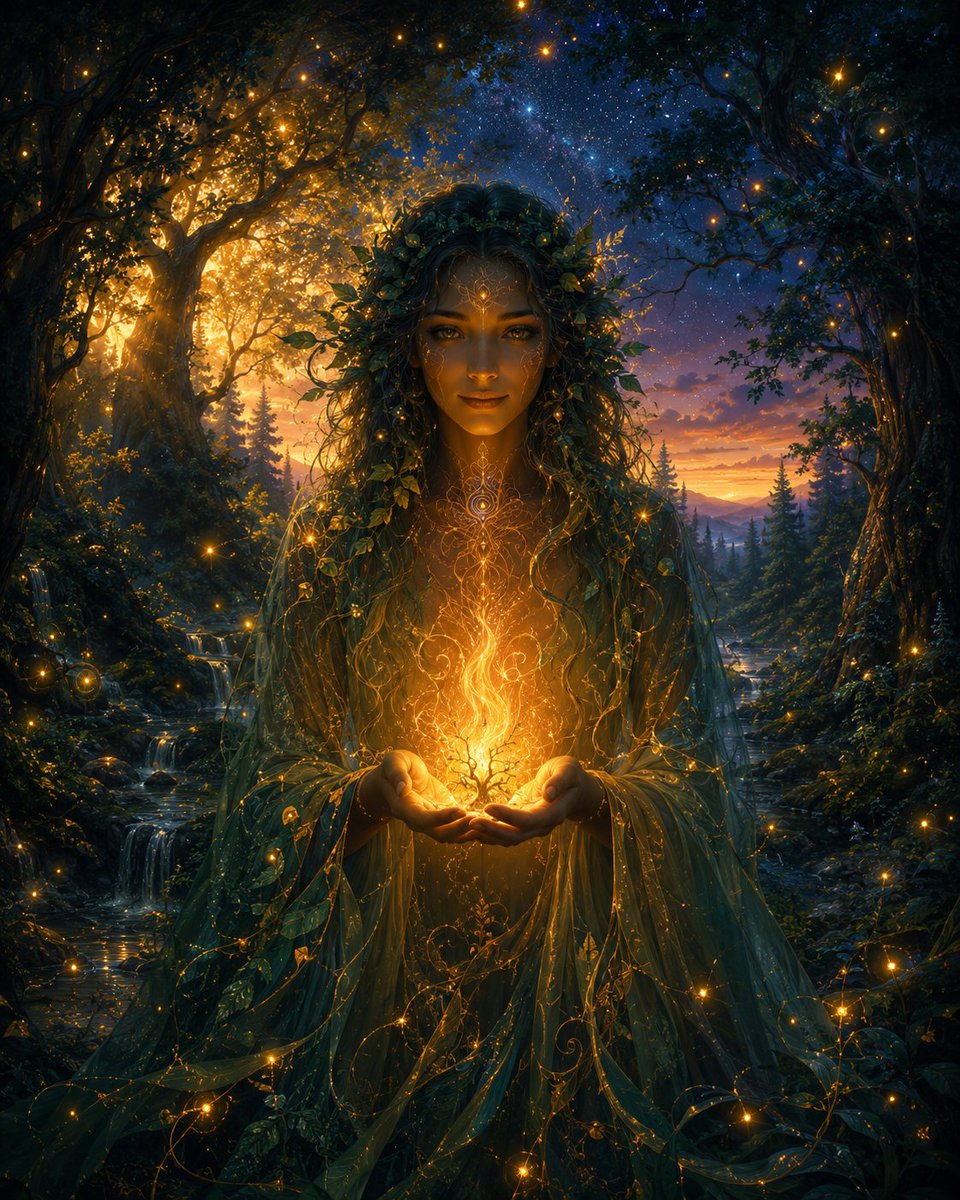 Enchanted Forest Spirit Holding a Glowing Tree