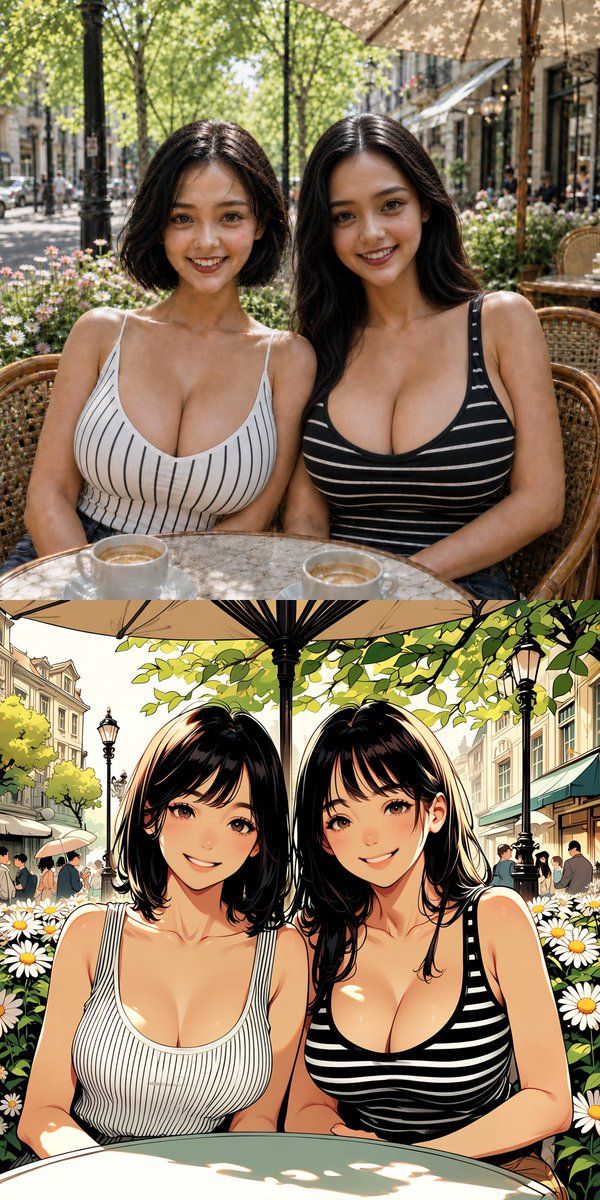Twin Sisters Café Photo to Anime Comparison