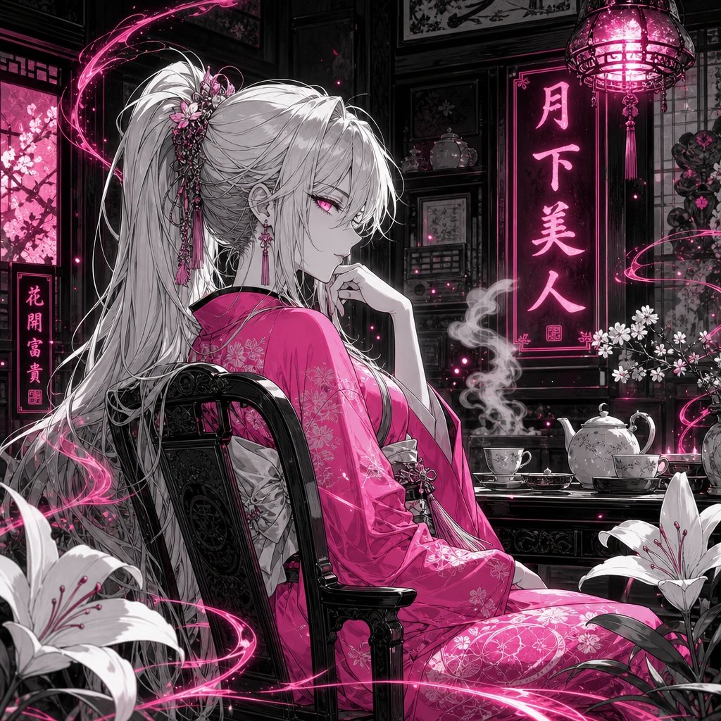 Neon Moonlit Anime Teahouse Beauty