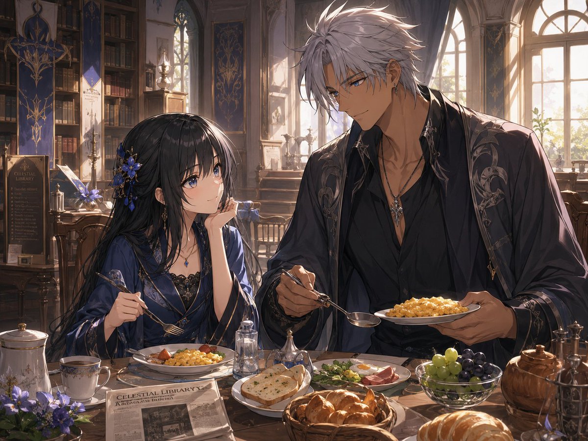 Fantasy Library Breakfast Scene