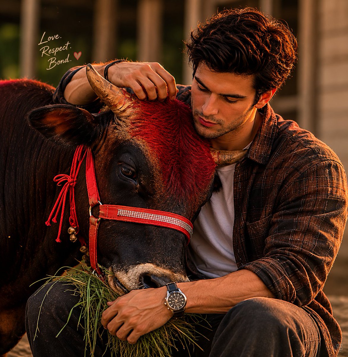 Man and Bull Emotional Bond Portrait
