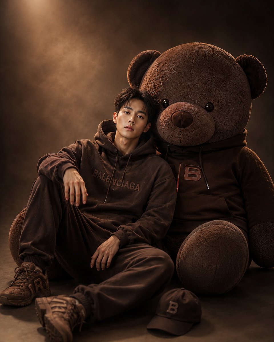 Cinematic Studio Portrait with Giant Teddy Bear