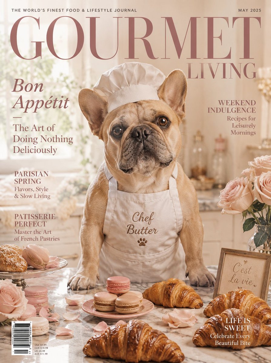 French Bulldog Pastry Chef Magazine Cover