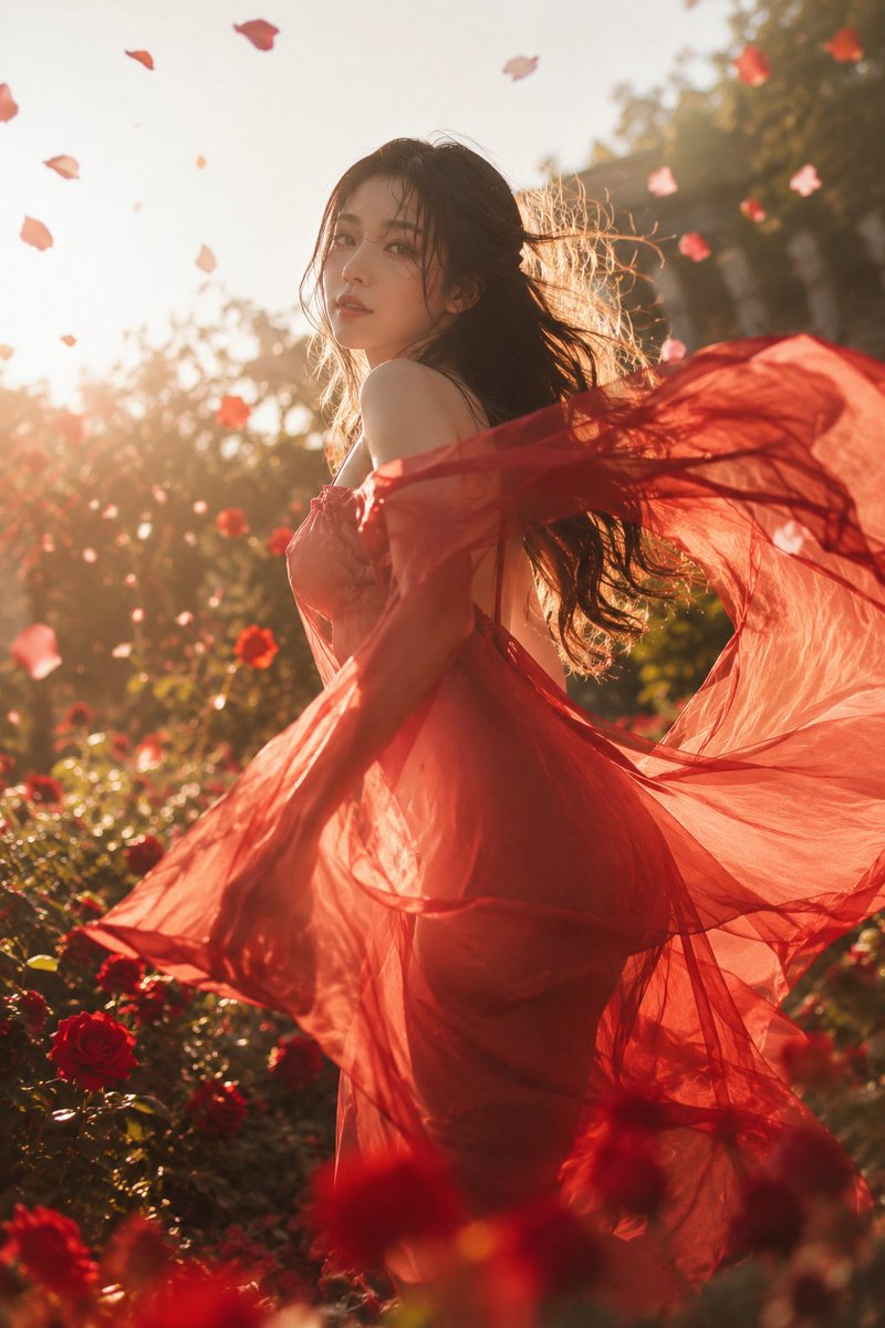 Crimson Chiffon Rose Garden Portrait