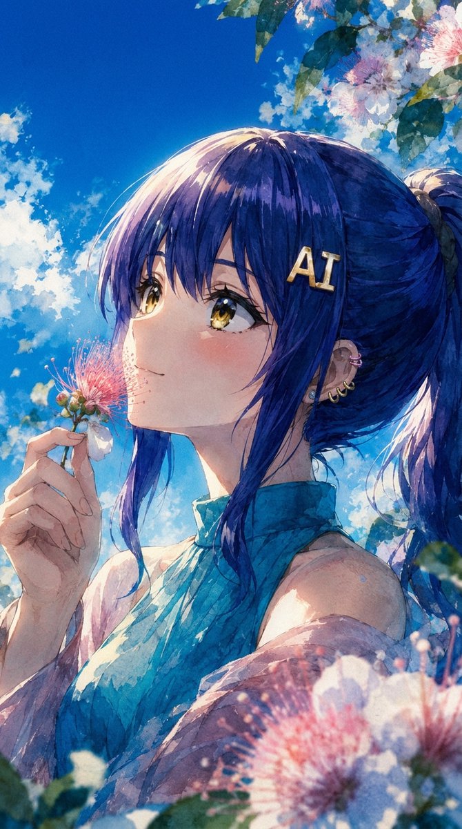 Summer Anime Portrait with Silk Tree Flowers