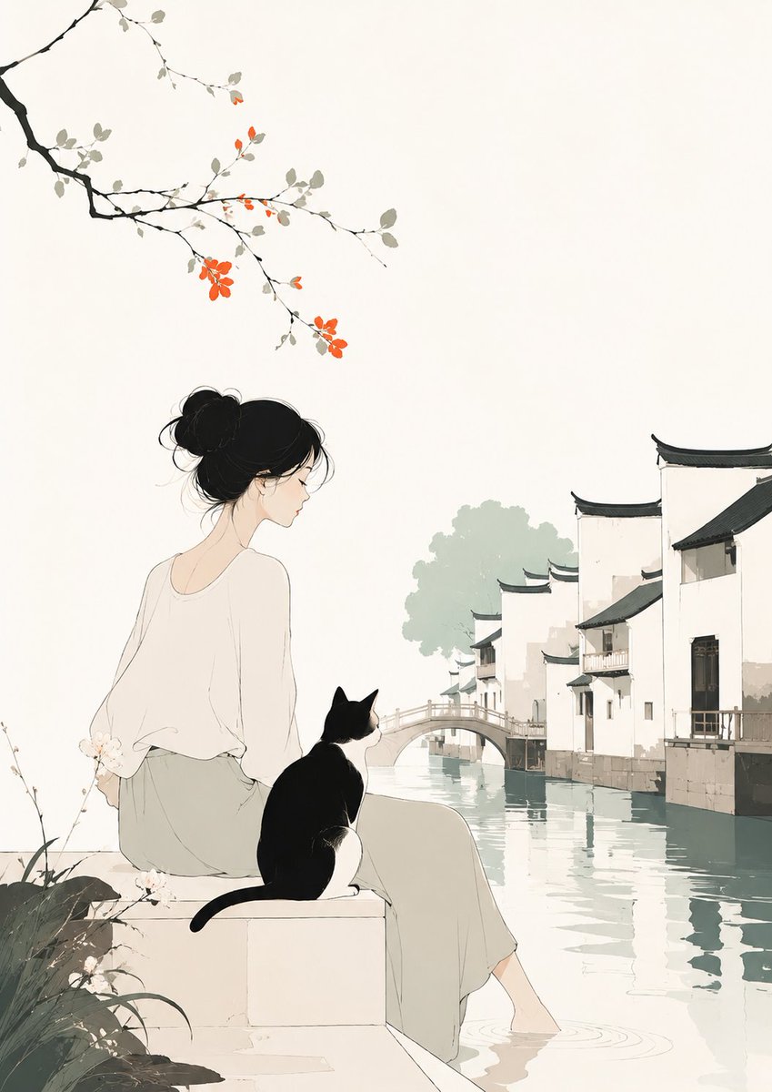 Minimalist Illustration of Girl and Cat