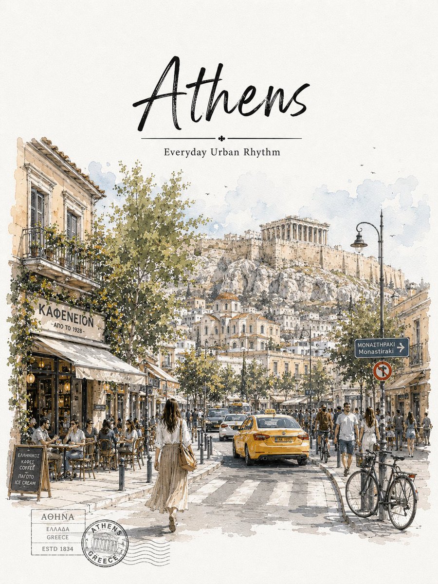 Athens Travel Sketch and Watercolor Poster