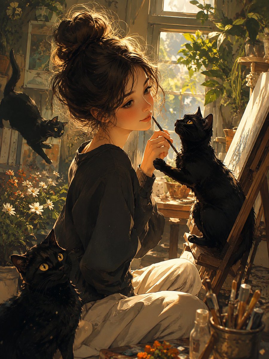 Rainy Studio Artist with Black Cats