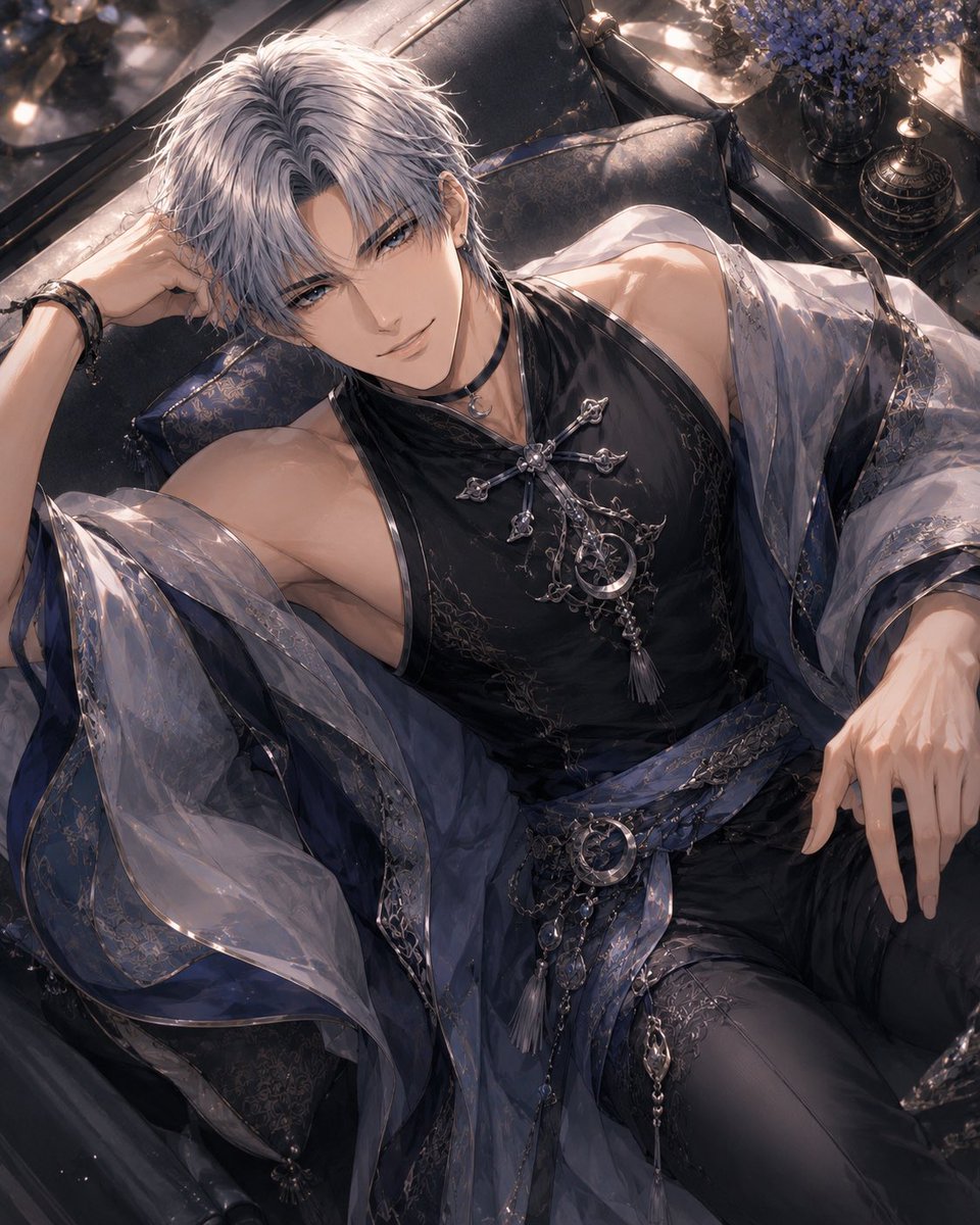 Silver-Haired Gothic Fantasy Reclining Man