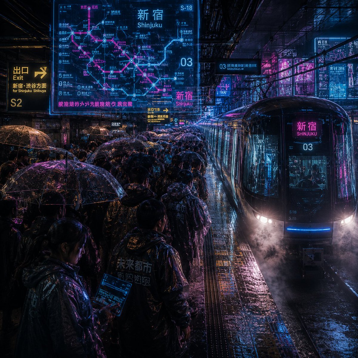 Noisy Cyberpunk Shinjuku Rain Platform