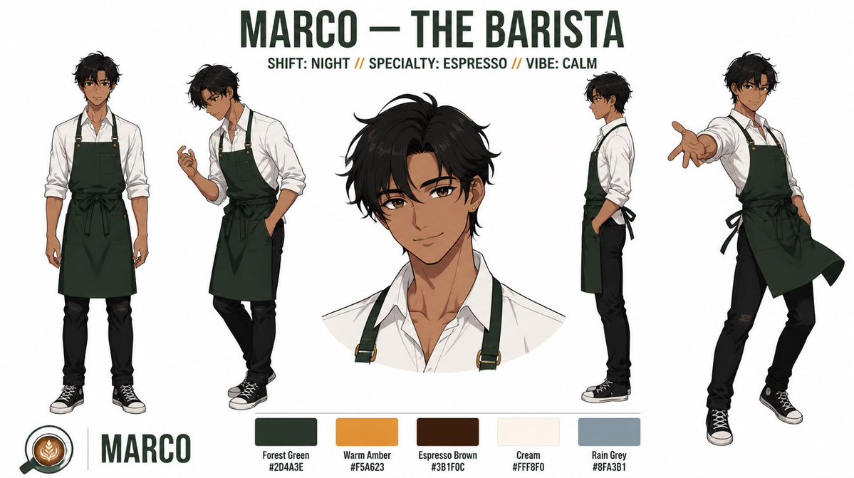 Anime Barista Character Reference Sheet
