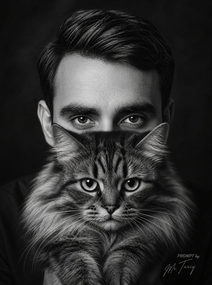 Monochrome Man Holding Cat Portrait