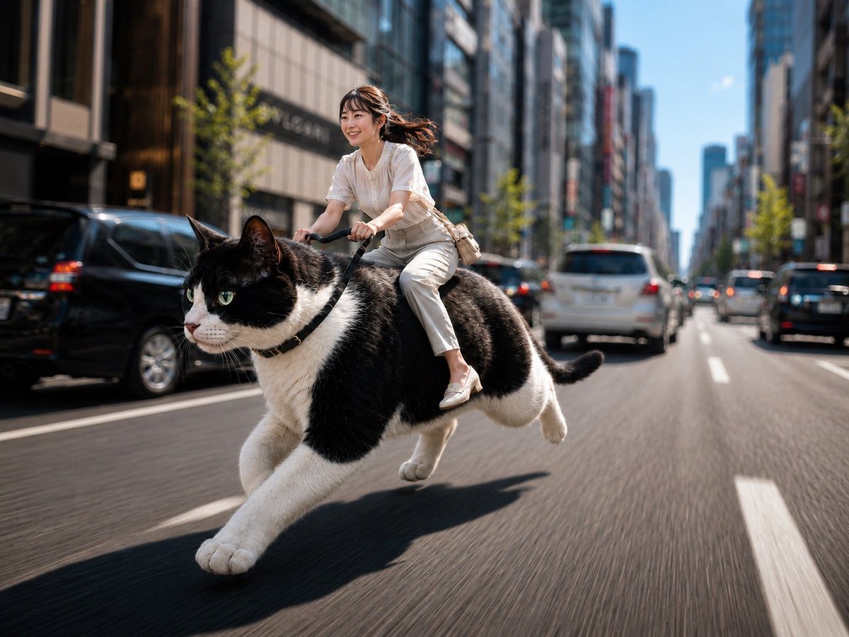 Woman Riding a Giant Cat Commute