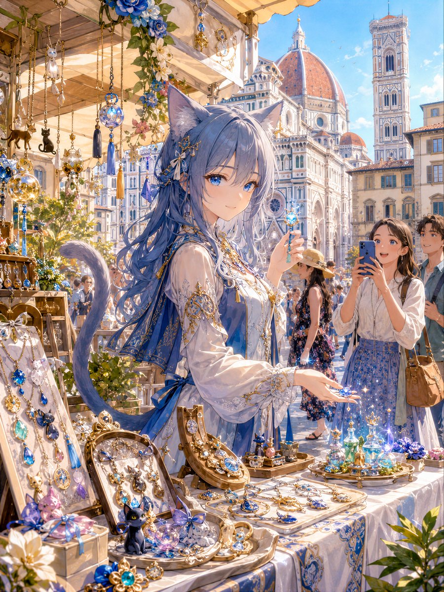 Blue Cat-Ear Shopkeeper Portrait