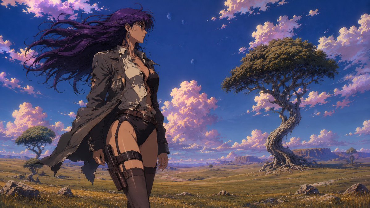 Windblown Anime Warrior in Fantasy Grassland