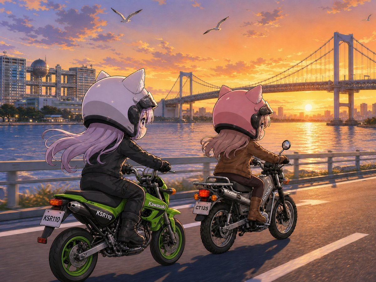 Cat-Eared Riders at Tokyo Bay Sunset