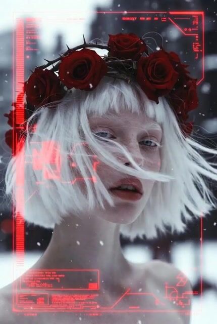 Albino Woman in Winter Storm Close-up
