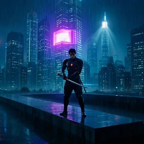 Cyberpunk Samurai in Neon Tokyo Rain