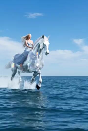 Shiny crystal horse with an elegant woman crossing the sea