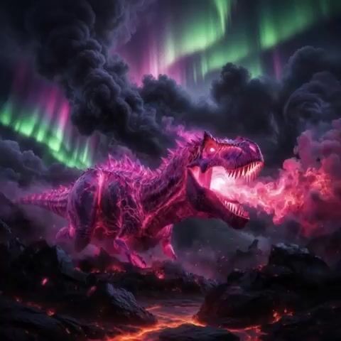 Colossal pink Tyrannosaurus Rex infused with ancient magic