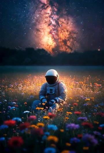 Lonely Astronaut in Flower Field Under Cosmic Sky