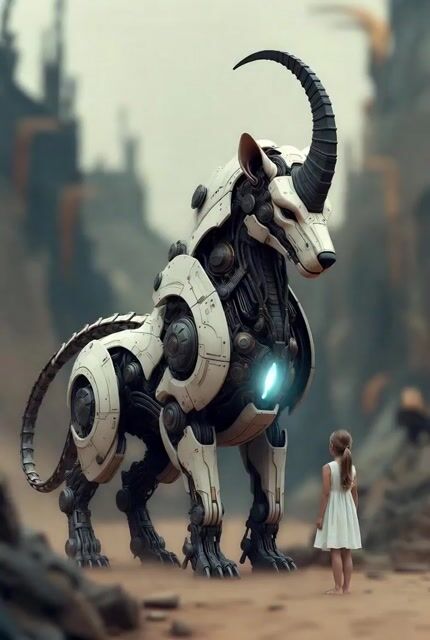 Surreal cyborg animal and young girl