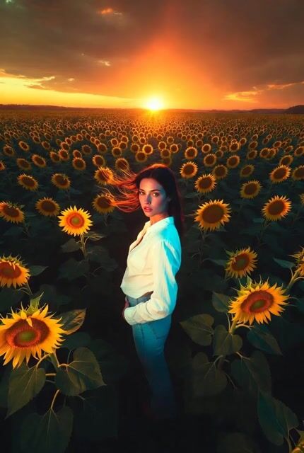 Mona Lisa-Inspired Woman in Sunflower Field