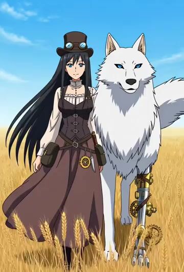 Anime Woman with Steampunk Wolf in Wheat Field