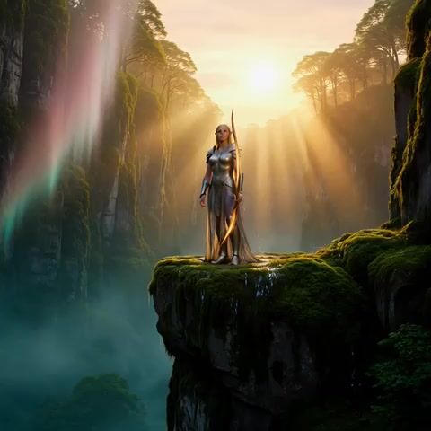 Epic fantasy dawn with elven archer
