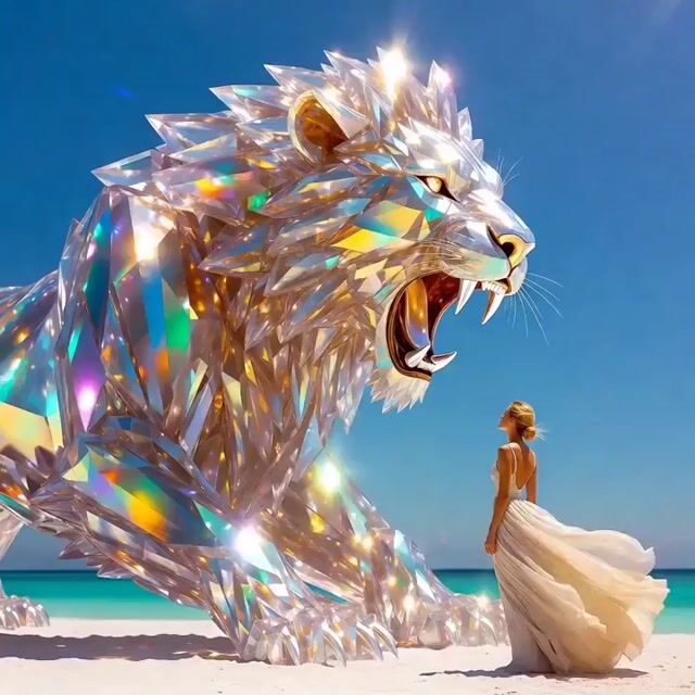 Lion and woman with shining crystal