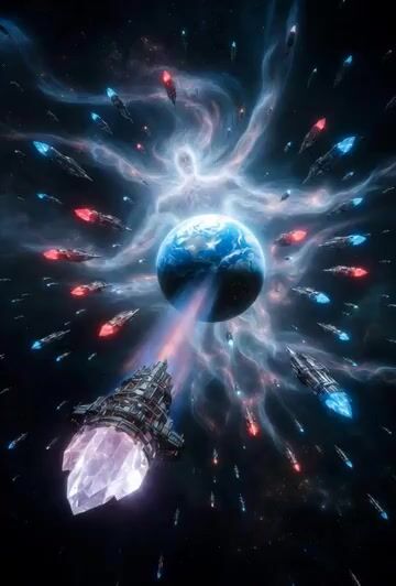 Spaceships and energy god surrounding Earth