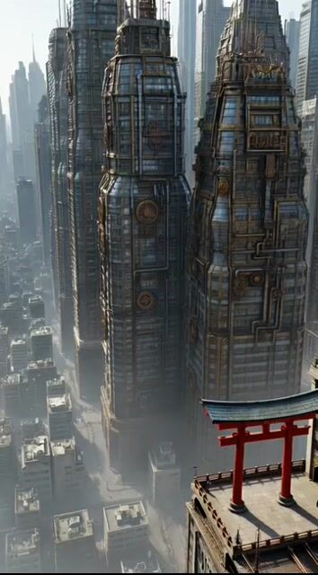 Steampunk Future City with Floating Buildings and a Small Torii Gate