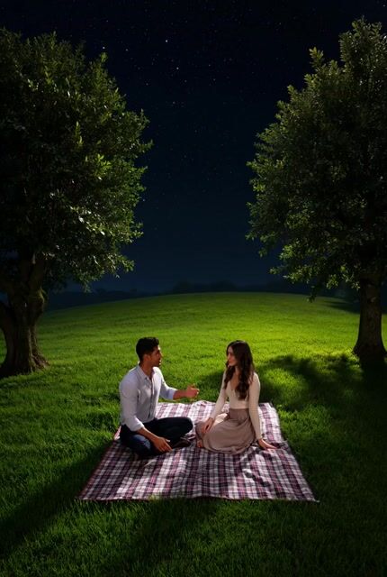 Couple watching shooting stars on a hill